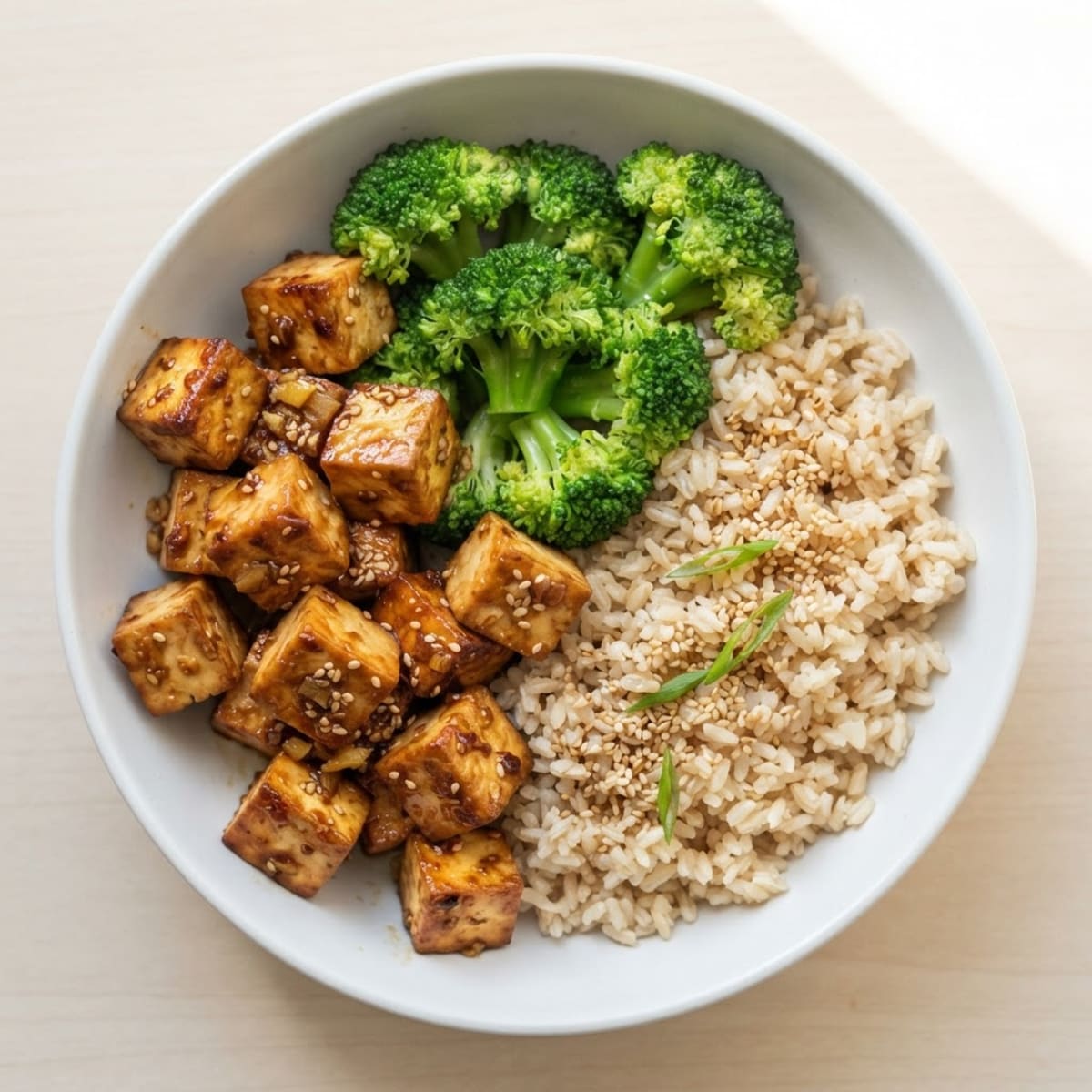 Ginger Soy Baked Tofu with Steamed Broccoli and Brown Rice