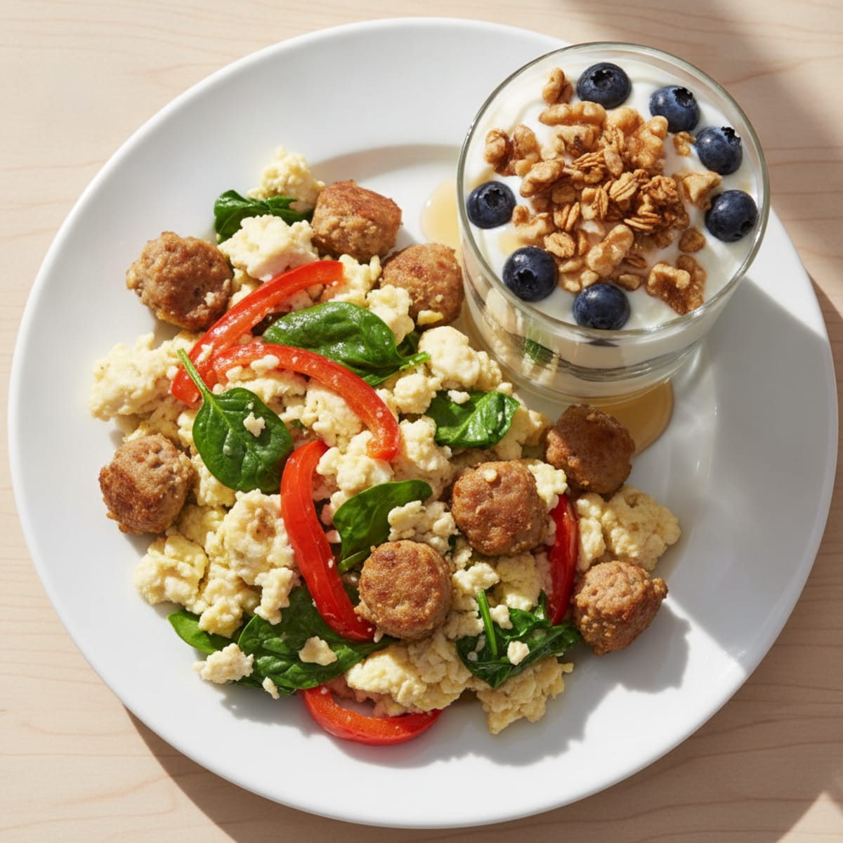 Egg White Scramble with Turkey Sausage and Greek Yogurt Parfait