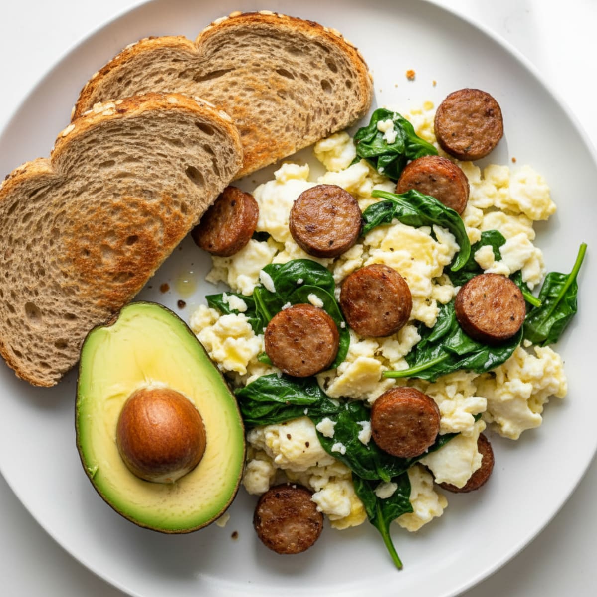 Egg White Scramble with Turkey Sausage and Sautéed Spinach