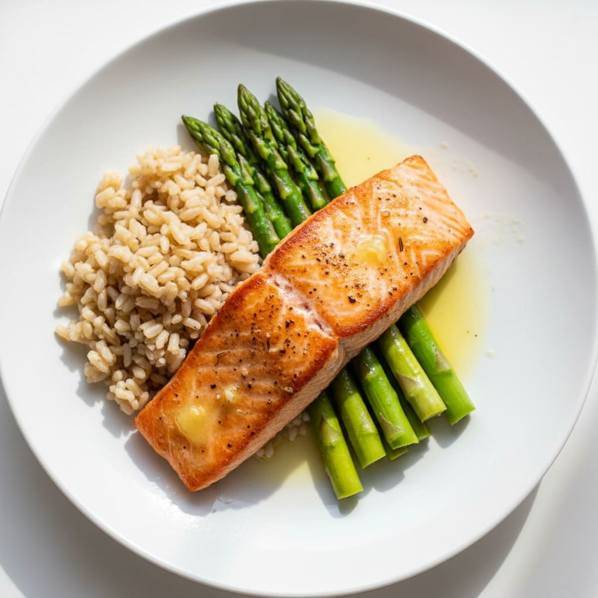 Seared Salmon with Steamed Asparagus and Brown Rice