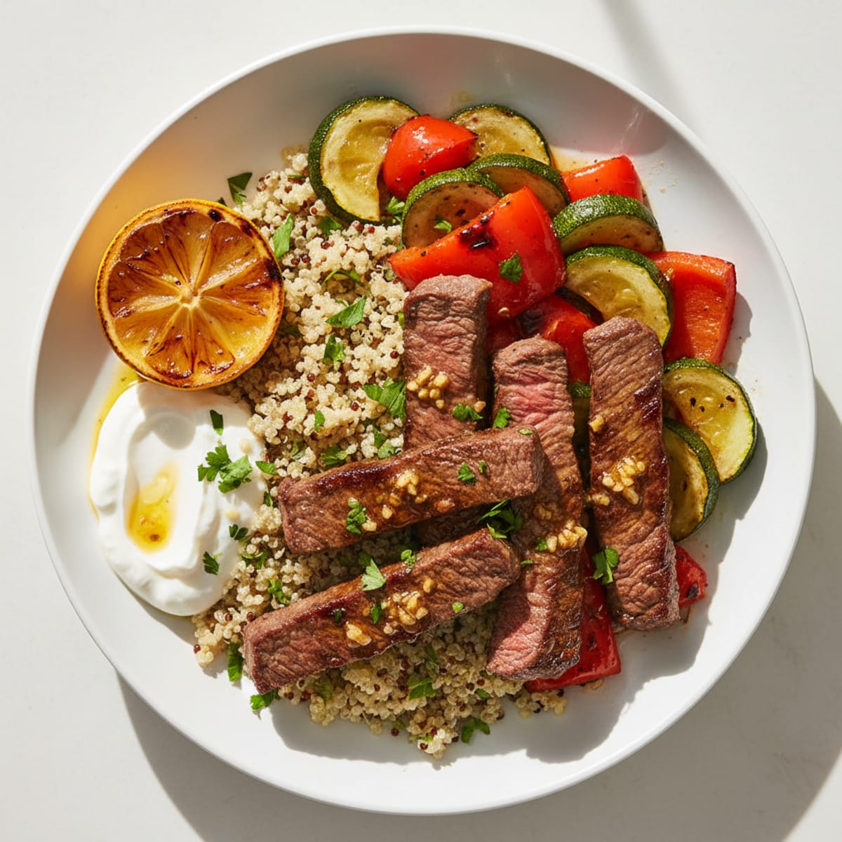 Seared Beef Strips with Roasted Vegetables and Herb Quinoa