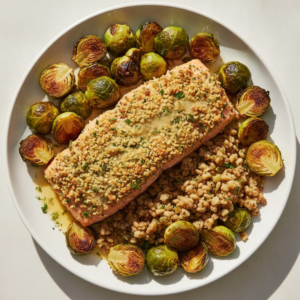Herb-Crusted Salmon with Roasted Brussels Sprouts and Grain Stuffing