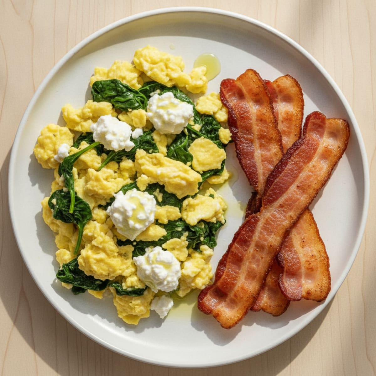 Cottage Cheese and Egg Scramble with Spinach and Turkey Bacon