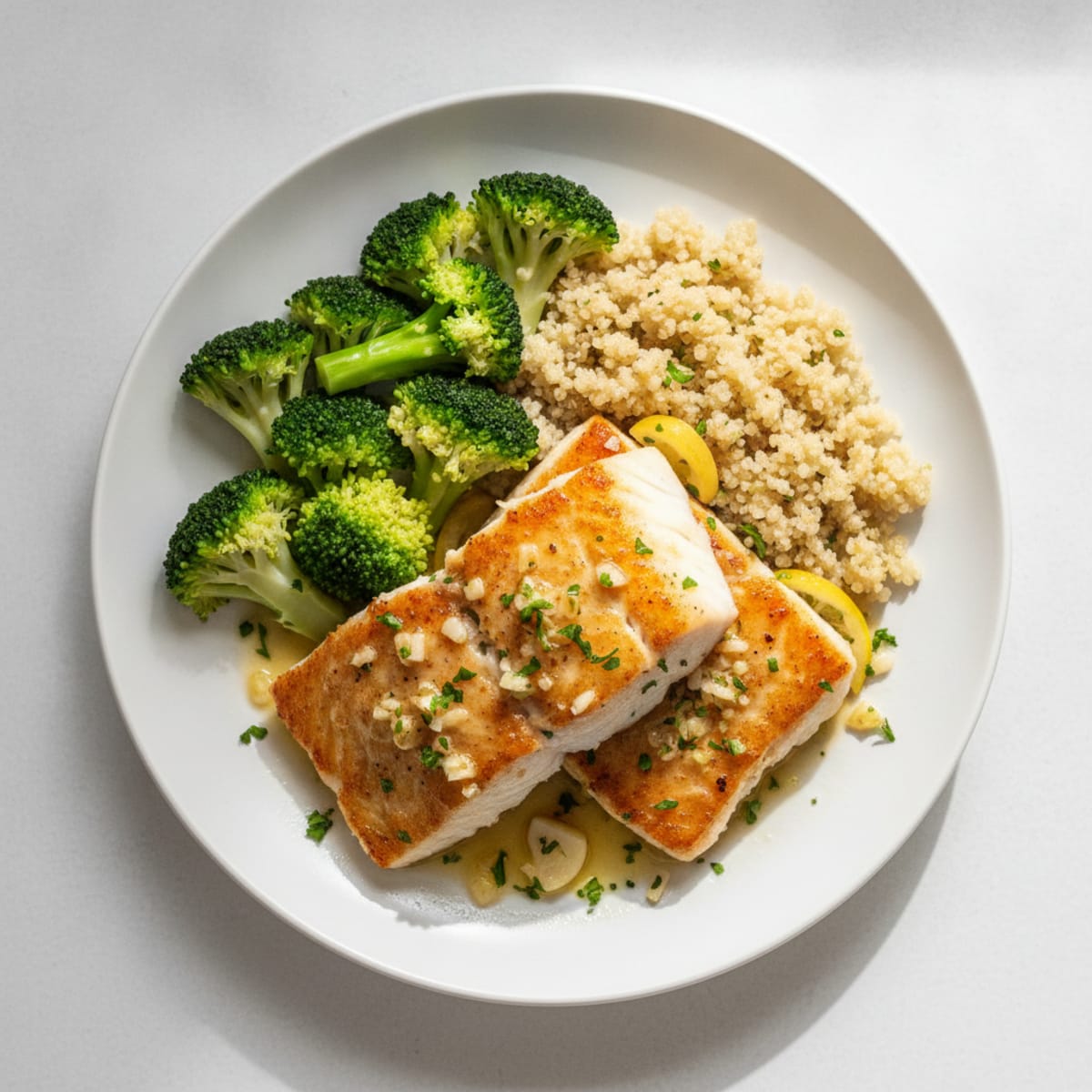 Seared Lemon Garlic Cod with Steamed Broccoli and Quinoa