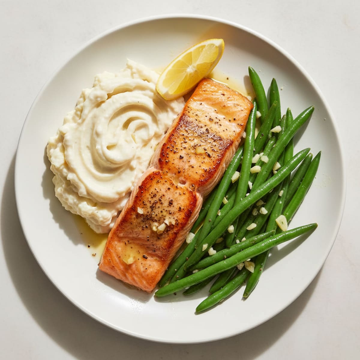Seared Salmon Fillet with Garlic Green Beans and Cauliflower Mash