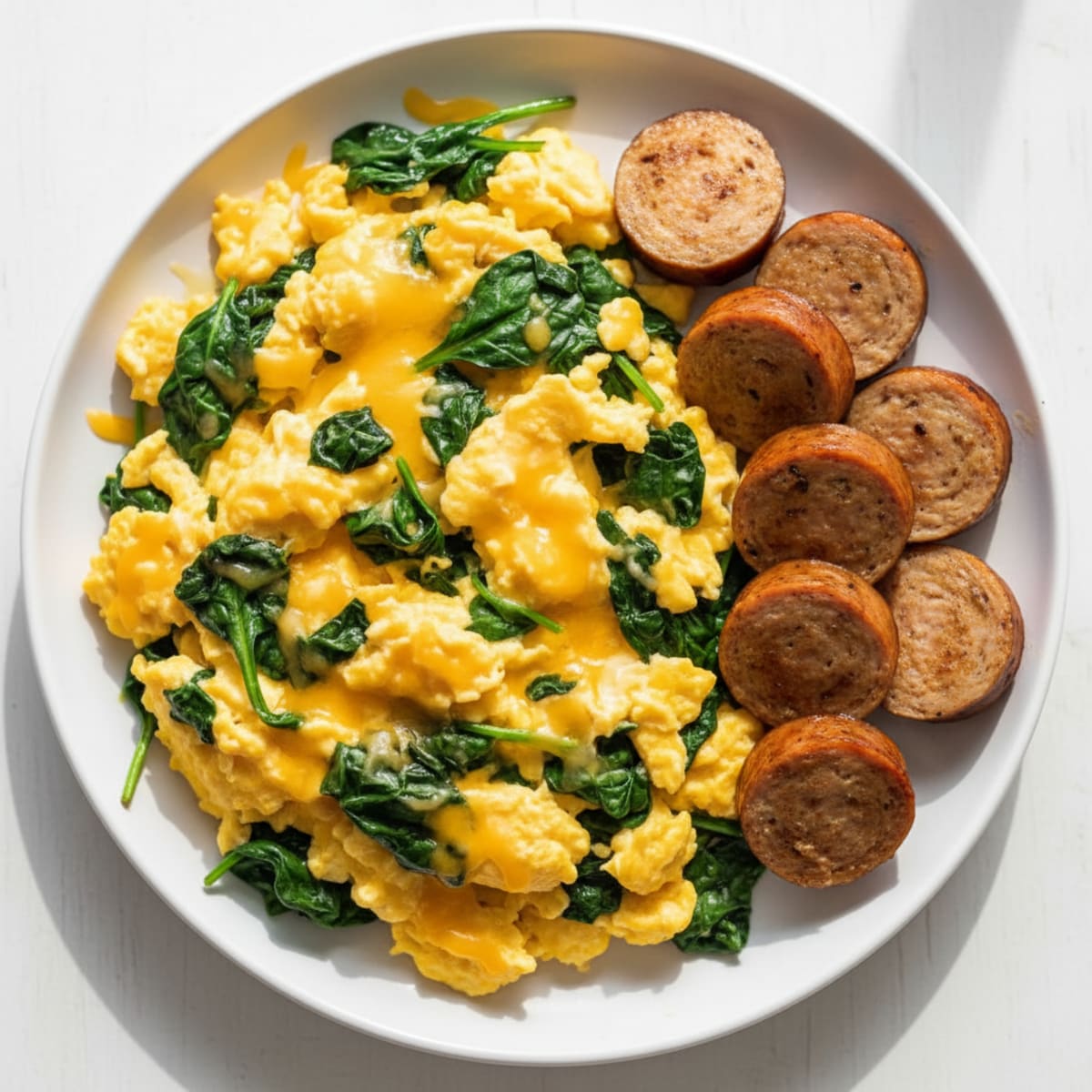 Cheesy Scrambled Eggs with Sautéed Spinach and Chicken Sausage