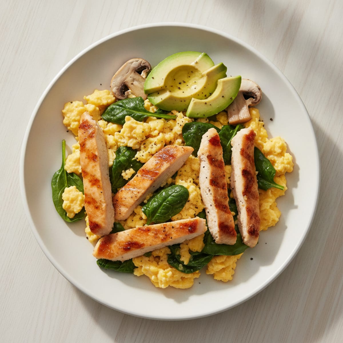 Scrambled Eggs with Spinach and Grilled Chicken