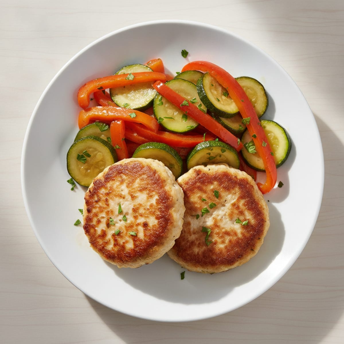 Pan-Seared Chicken Patties with Sautéed Vegetables