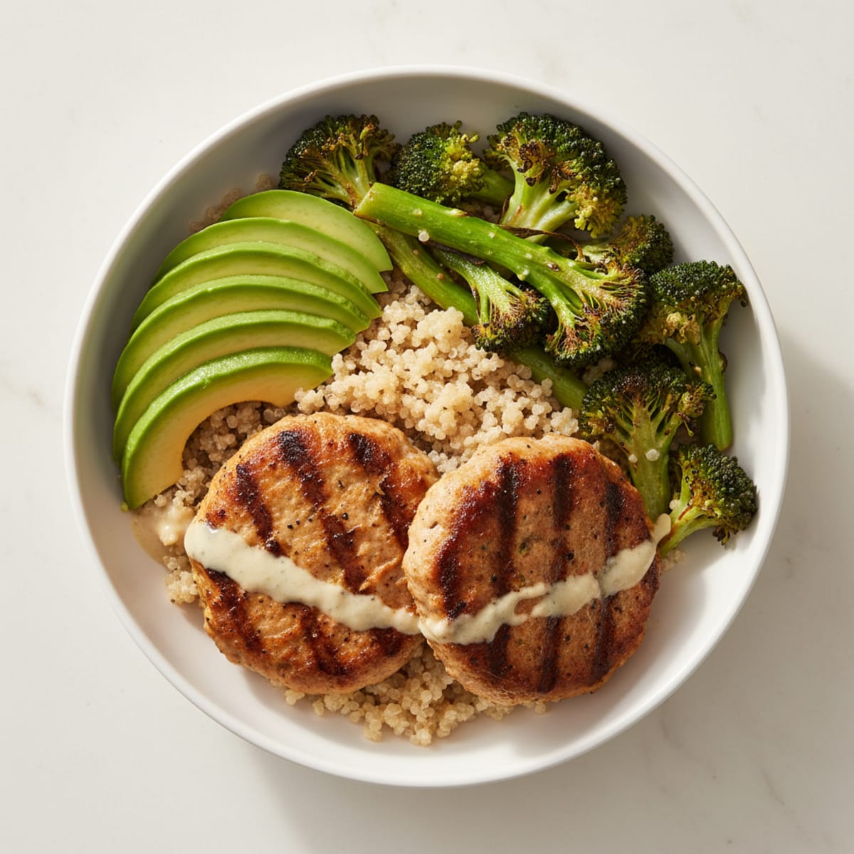 Grilled Turkey Burger Bowl with Quinoa and Roasted Broccoli