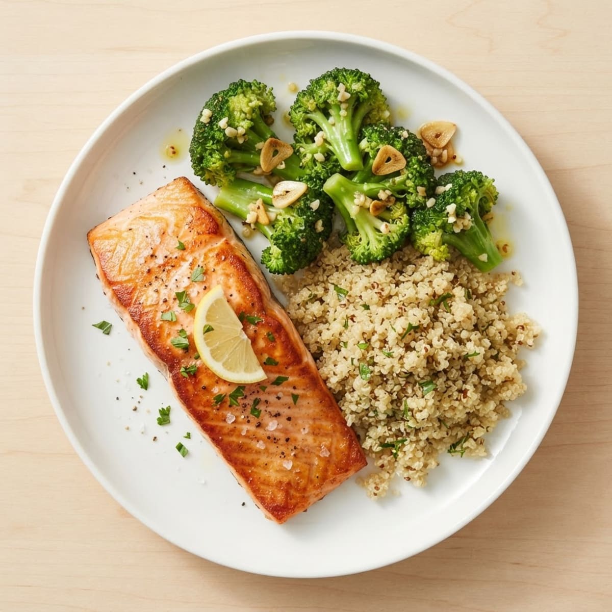 Seared Salmon with Garlic Broccoli and Quinoa