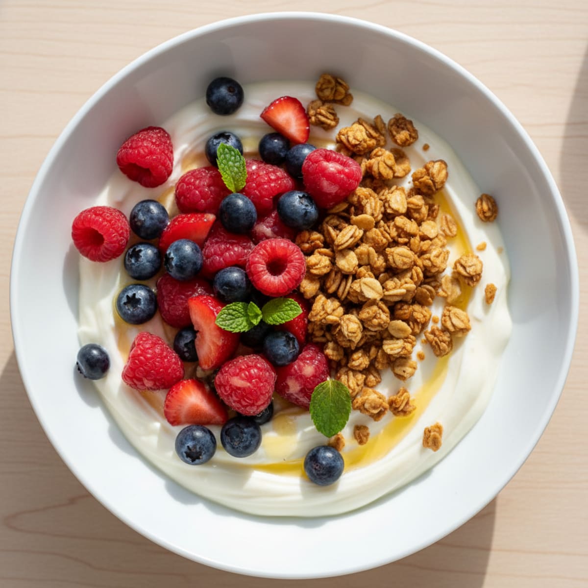 Creamy Vanilla Greek Yogurt Bowl with Mixed Berries and Protein Granola