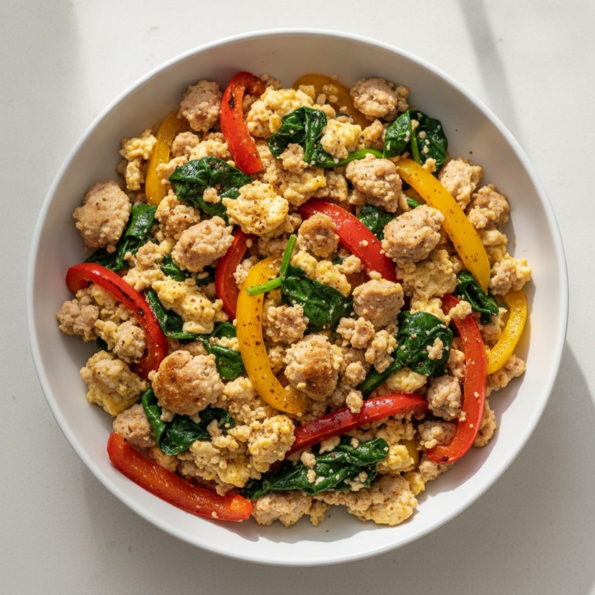 Egg White Spinach Scramble with Turkey Sausage and Sautéed Peppers