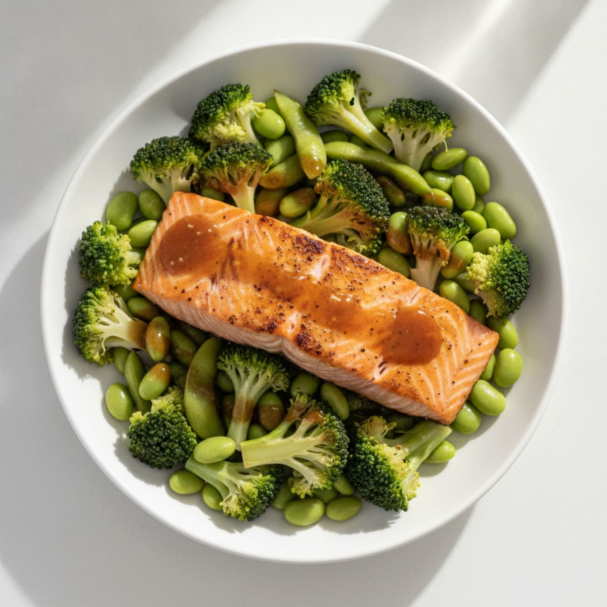 Seared Salmon with Steamed Broccoli and Edamame