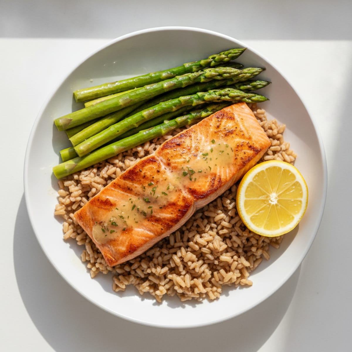 Seared Salmon with Steamed Asparagus and Brown Rice