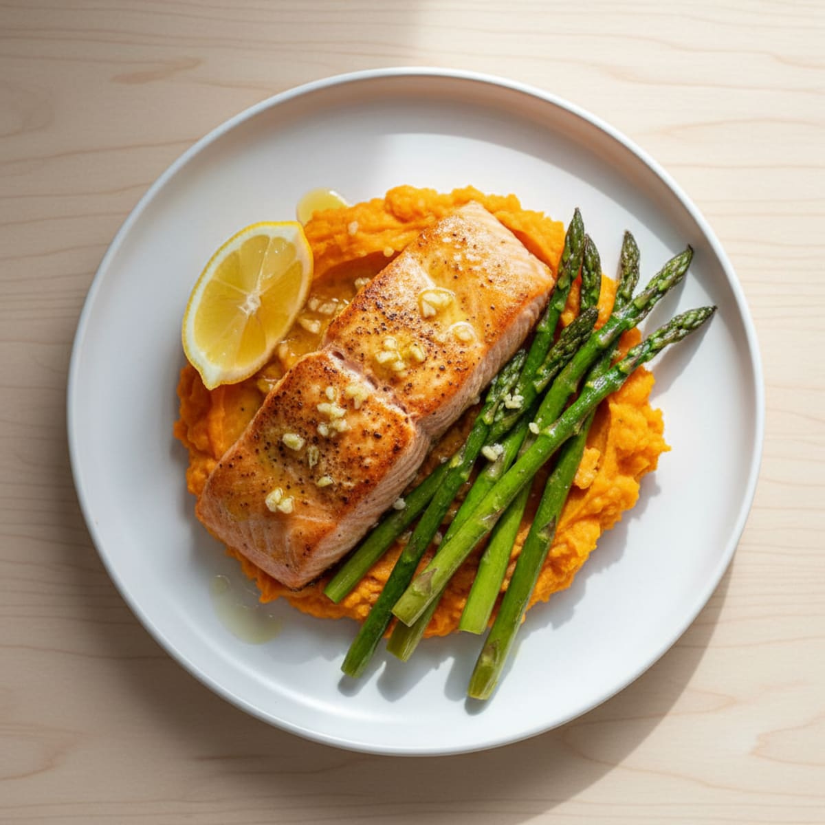 Seared Salmon Fillet with Roasted Asparagus and Sweet Potato Mash