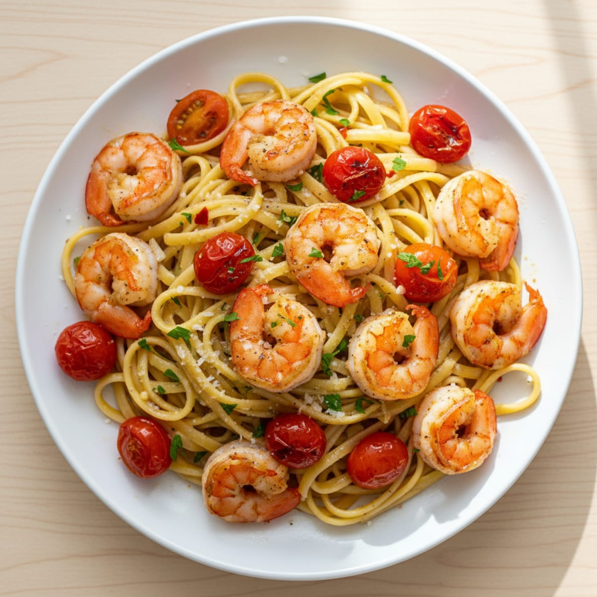 Garlic Shrimp Linguine with Roasted Tomatoes