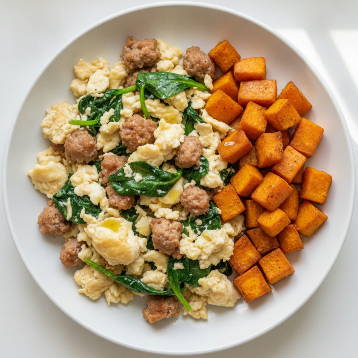 Egg White and Turkey Sausage Scramble with Spinach and Roasted Sweet Potato