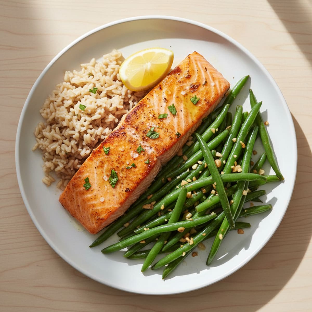 Seared Salmon Fillet with Garlic Green Beans and Brown Rice