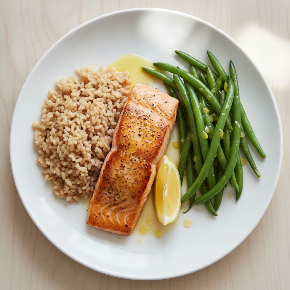 Seared Salmon with Steamed Green Beans and Brown Rice