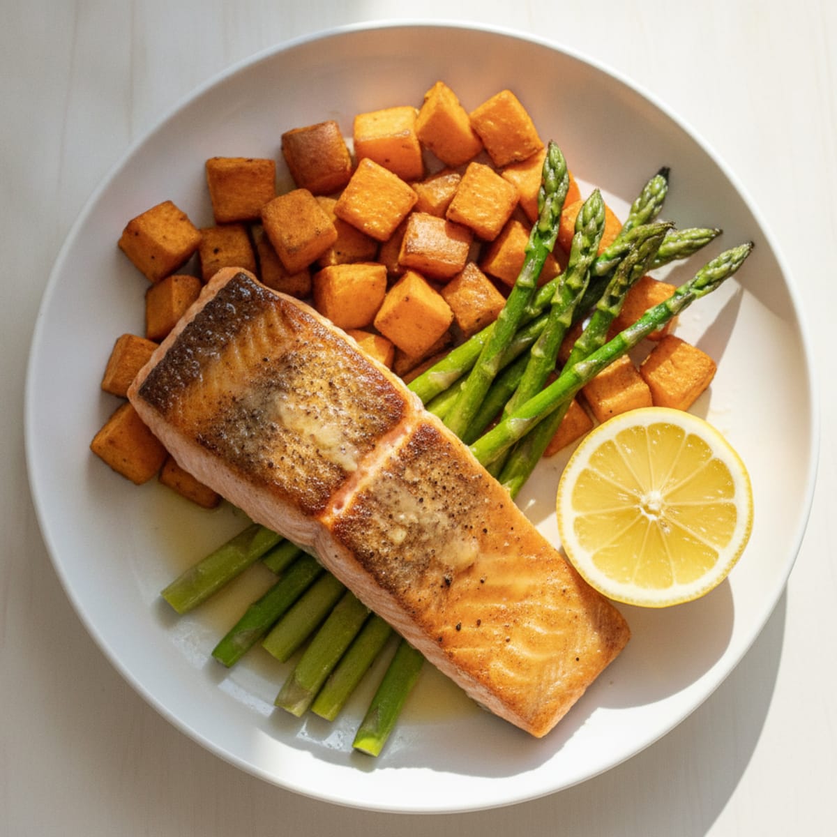 Seared Salmon with Roasted Sweet Potatoes and Asparagus