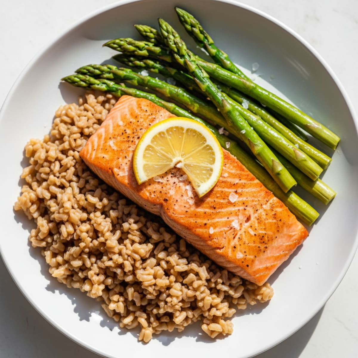 Seared Salmon with Steamed Asparagus and Brown Rice