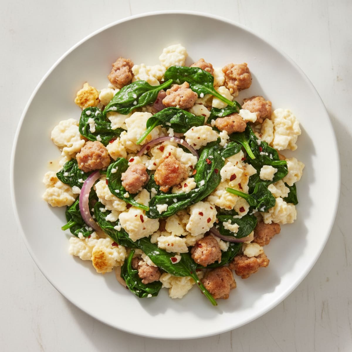 Egg White Scramble with Turkey Sausage and Sautéed Spinach