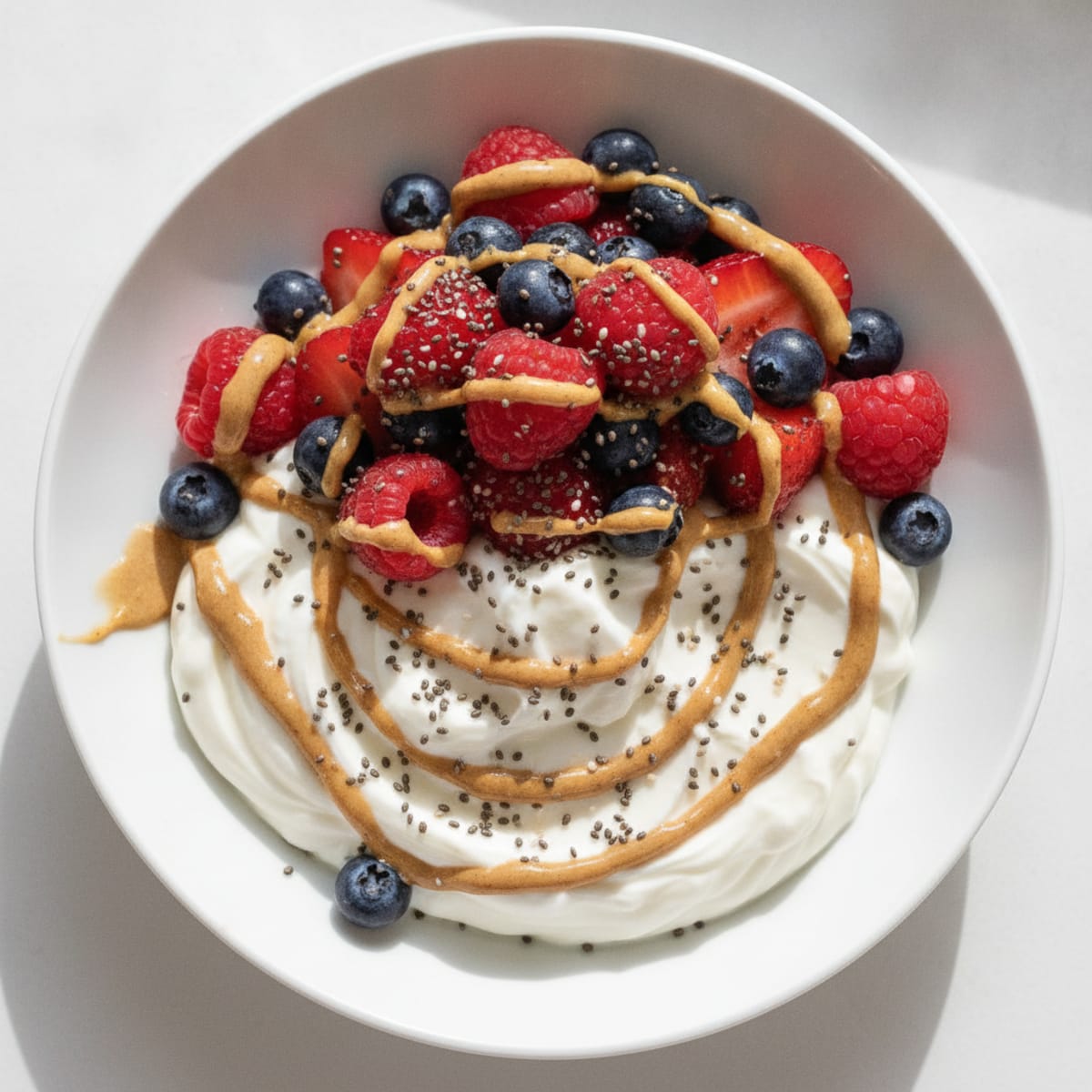 Greek Yogurt Bowl with Mixed Berries, Chia Seeds and Almond Butter
