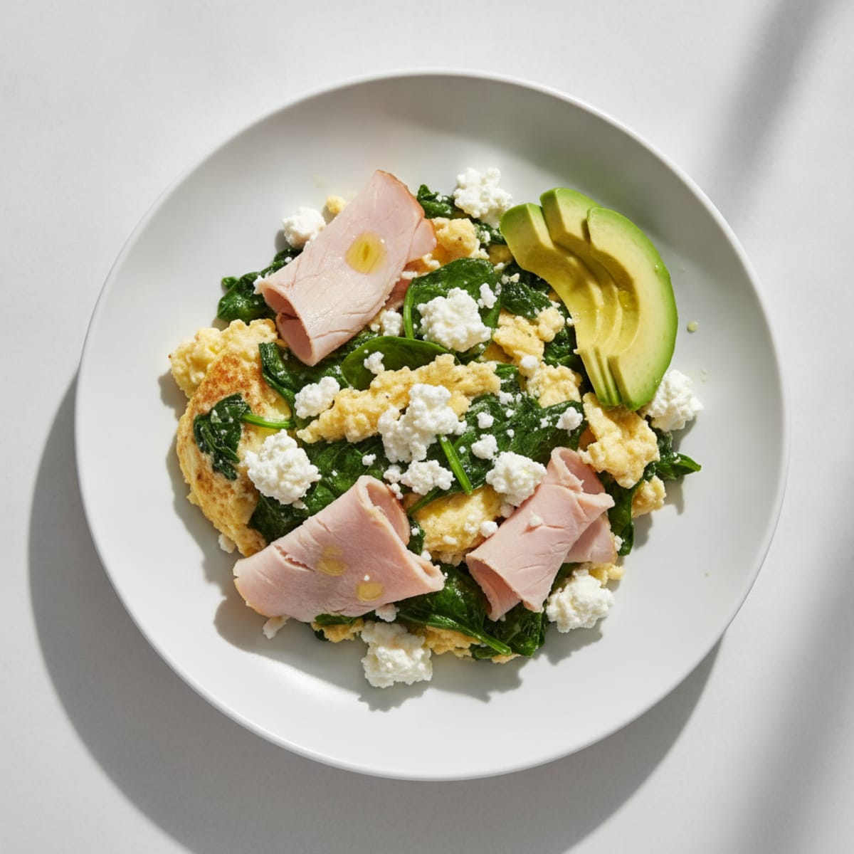 Egg White and Spinach Scramble with Cottage Cheese and Sliced Turkey