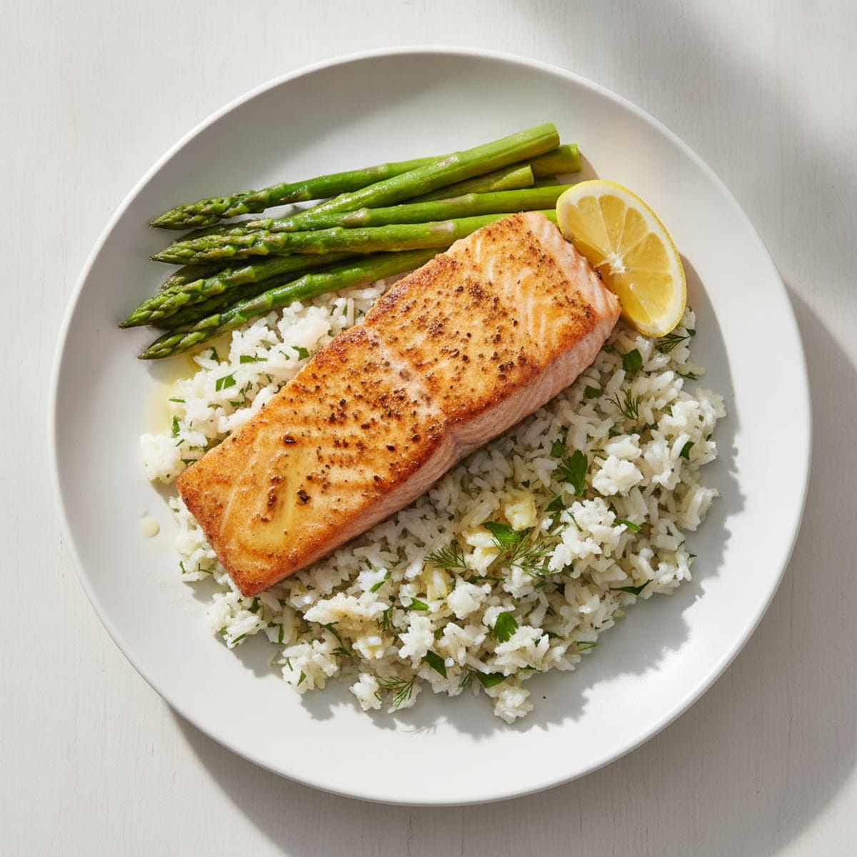 Seared Salmon with Herbed Rice and Steamed Asparagus