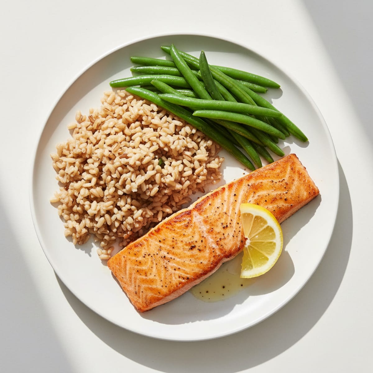 Seared Salmon with Steamed Green Beans and Brown Rice
