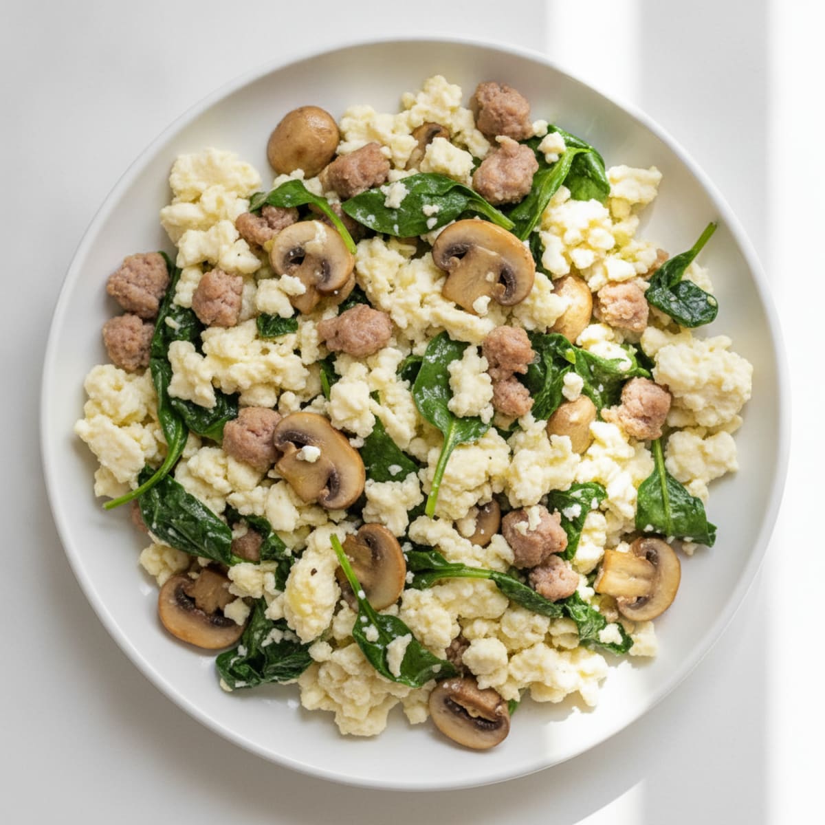 Egg White and Turkey Sausage Scramble with Spinach and Sautéed Mushrooms