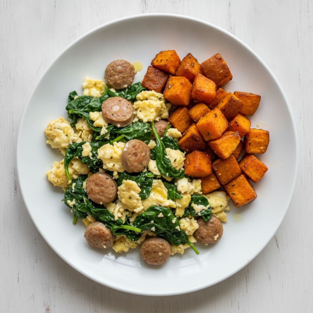 Egg White and Turkey Sausage Scramble with Spinach and Roasted Sweet Potatoes