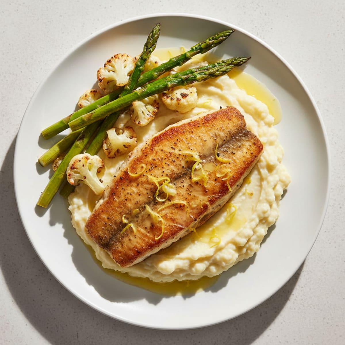 Seared Tilapia with Roasted Asparagus and Cauliflower Mash
