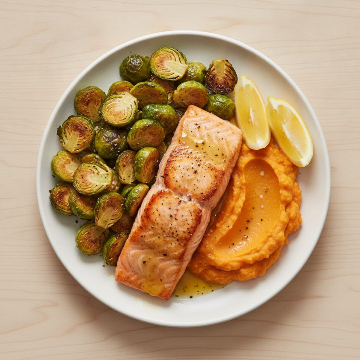 Seared Salmon Fillet with Roasted Brussels Sprouts and Sweet Potato Mash