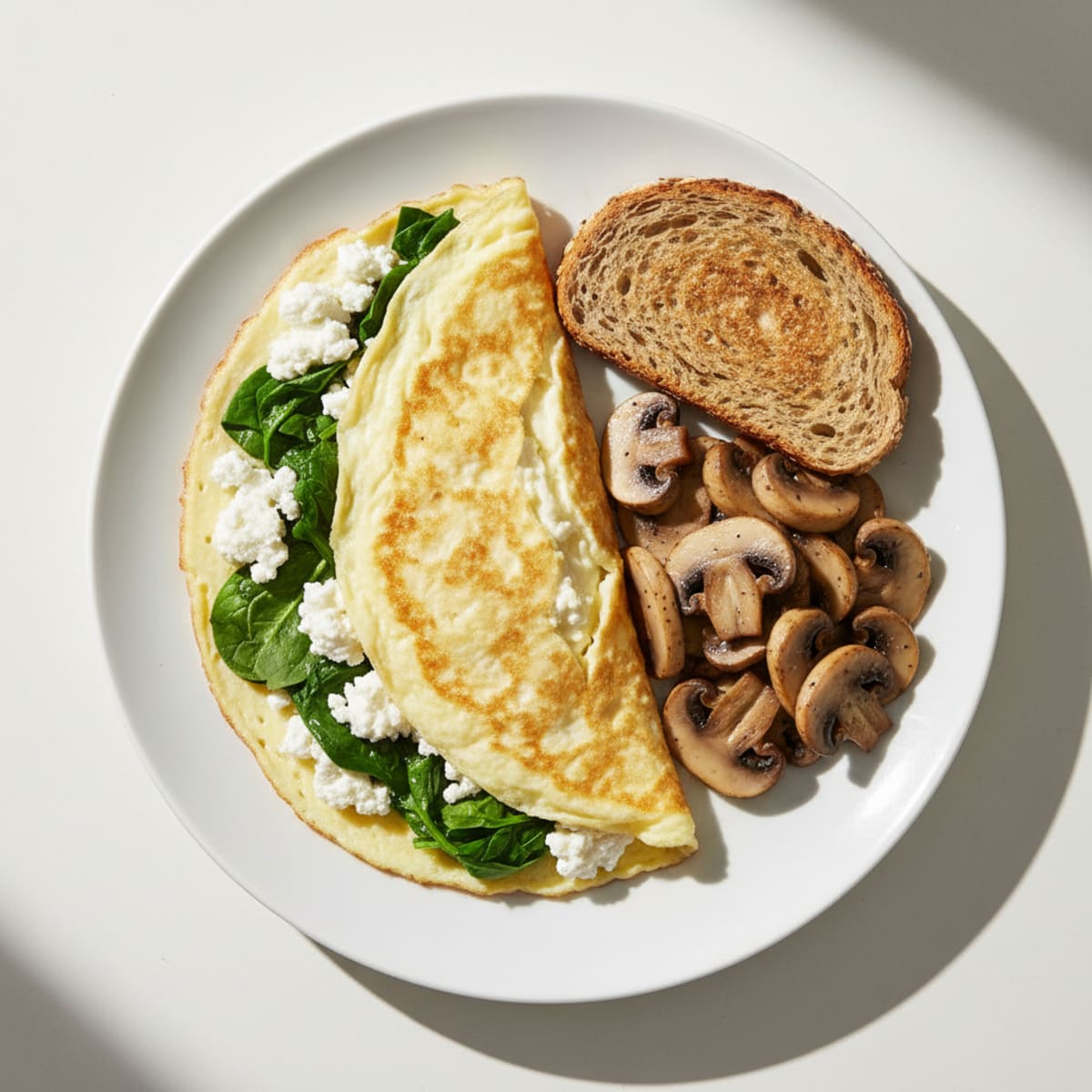 Egg White Spinach Omelette with Cottage Cheese and Sautéed Mushrooms
