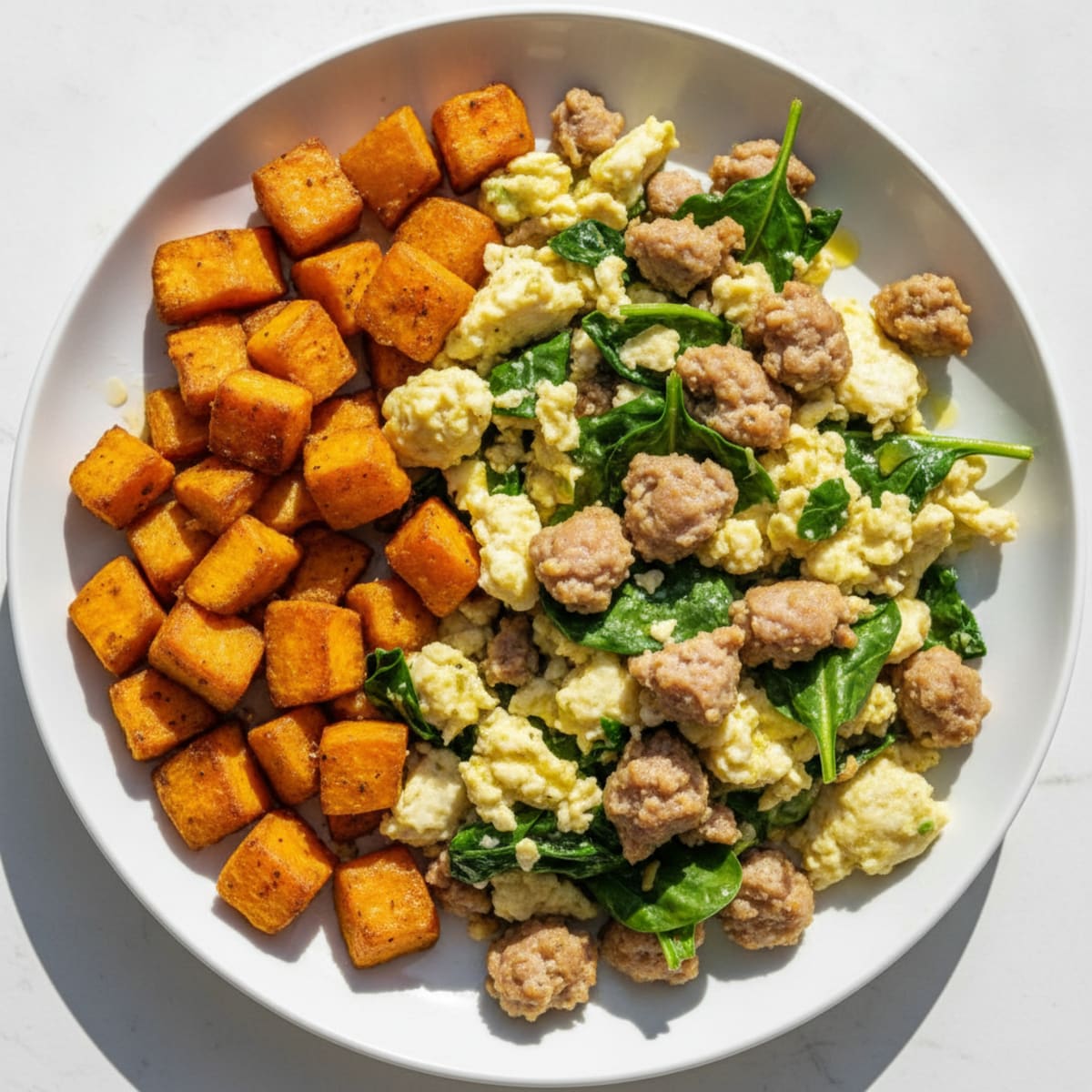 Egg White and Turkey Sausage Scramble with Spinach and Roasted Sweet Potatoes