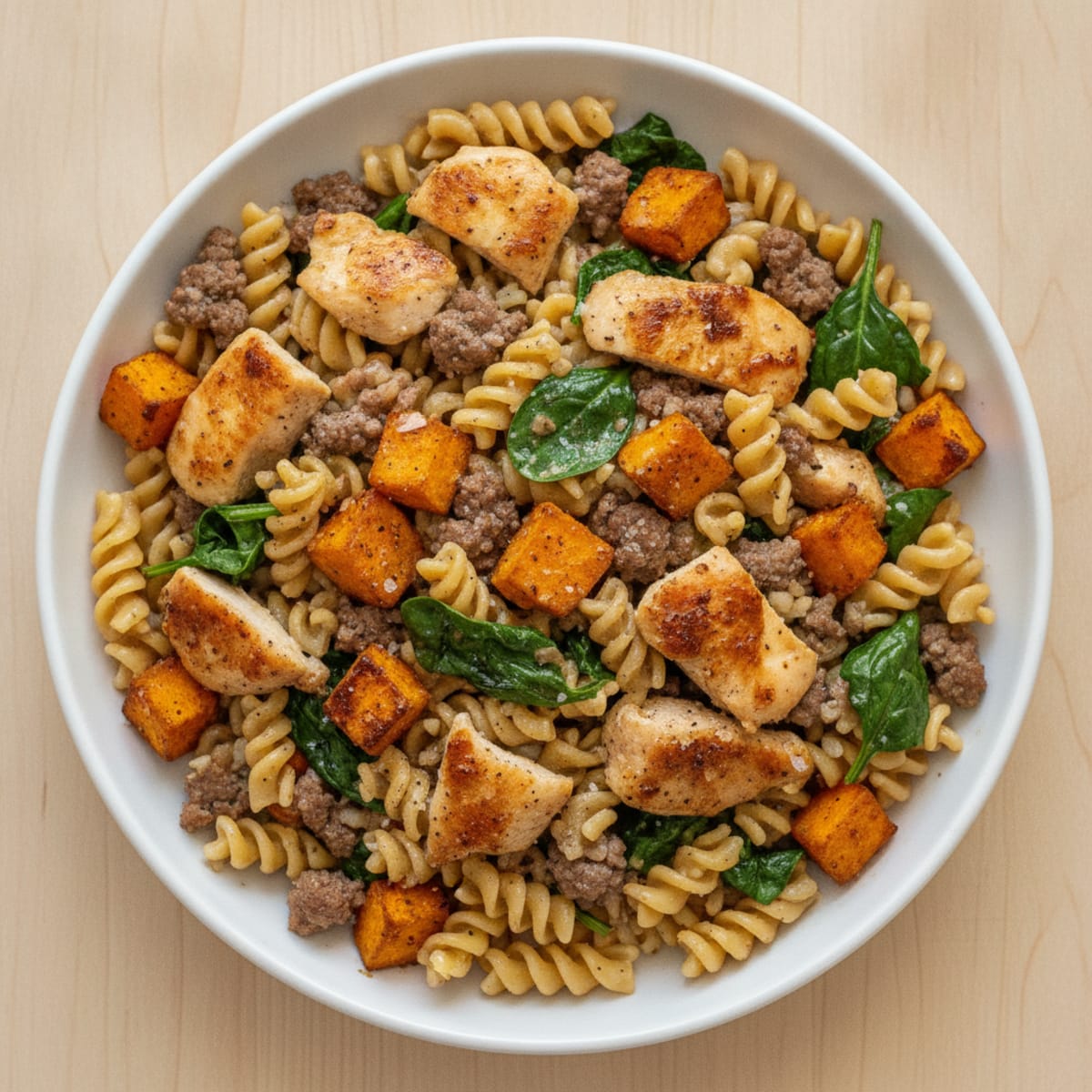 Chicken and Beef Protein Pasta with Roasted Sweet Potatoes