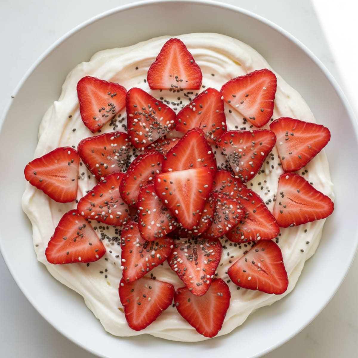Vanilla Protein Yogurt Bowl with Sliced Strawberries and Chia Seeds