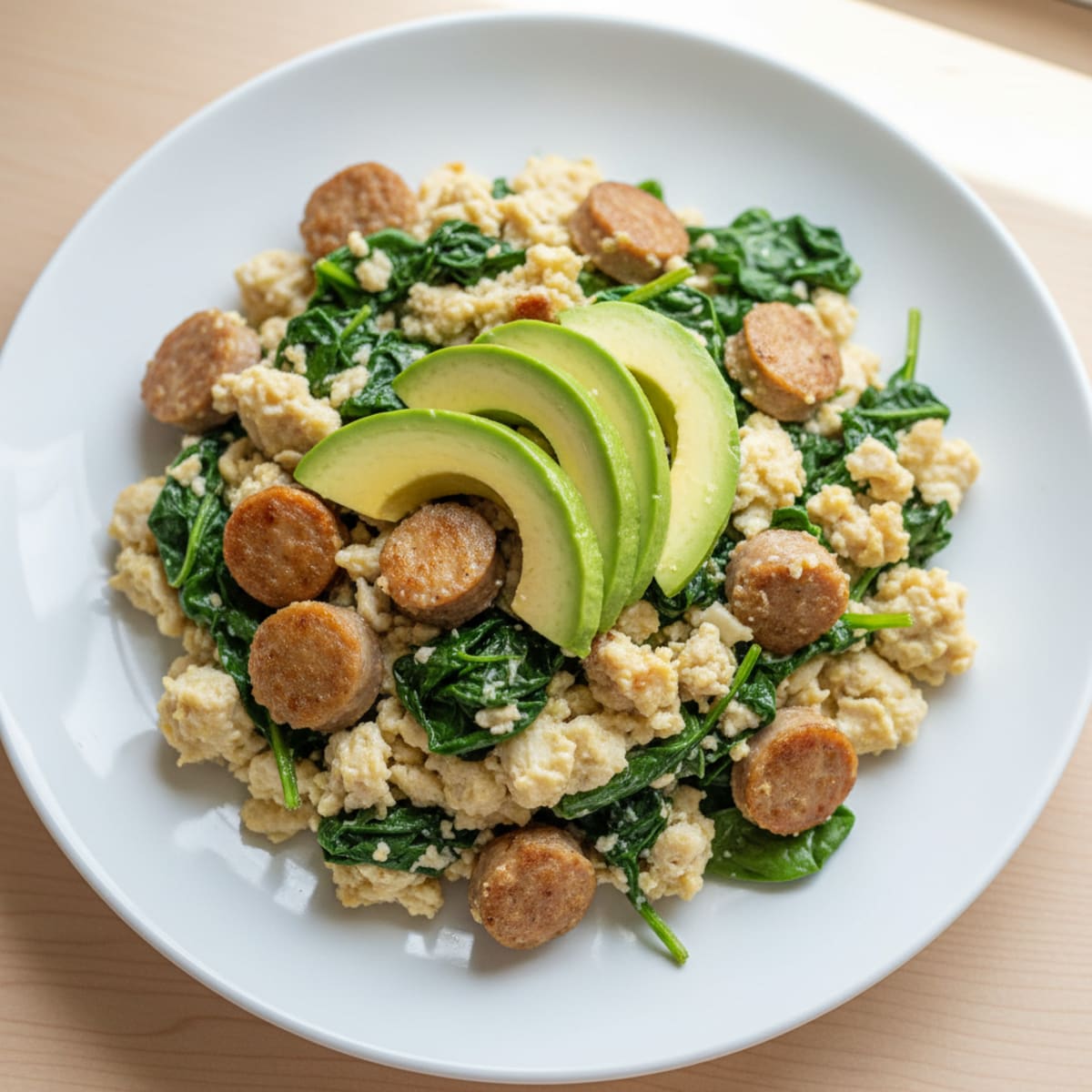 Egg White and Turkey Sausage Scramble with Sautéed Spinach