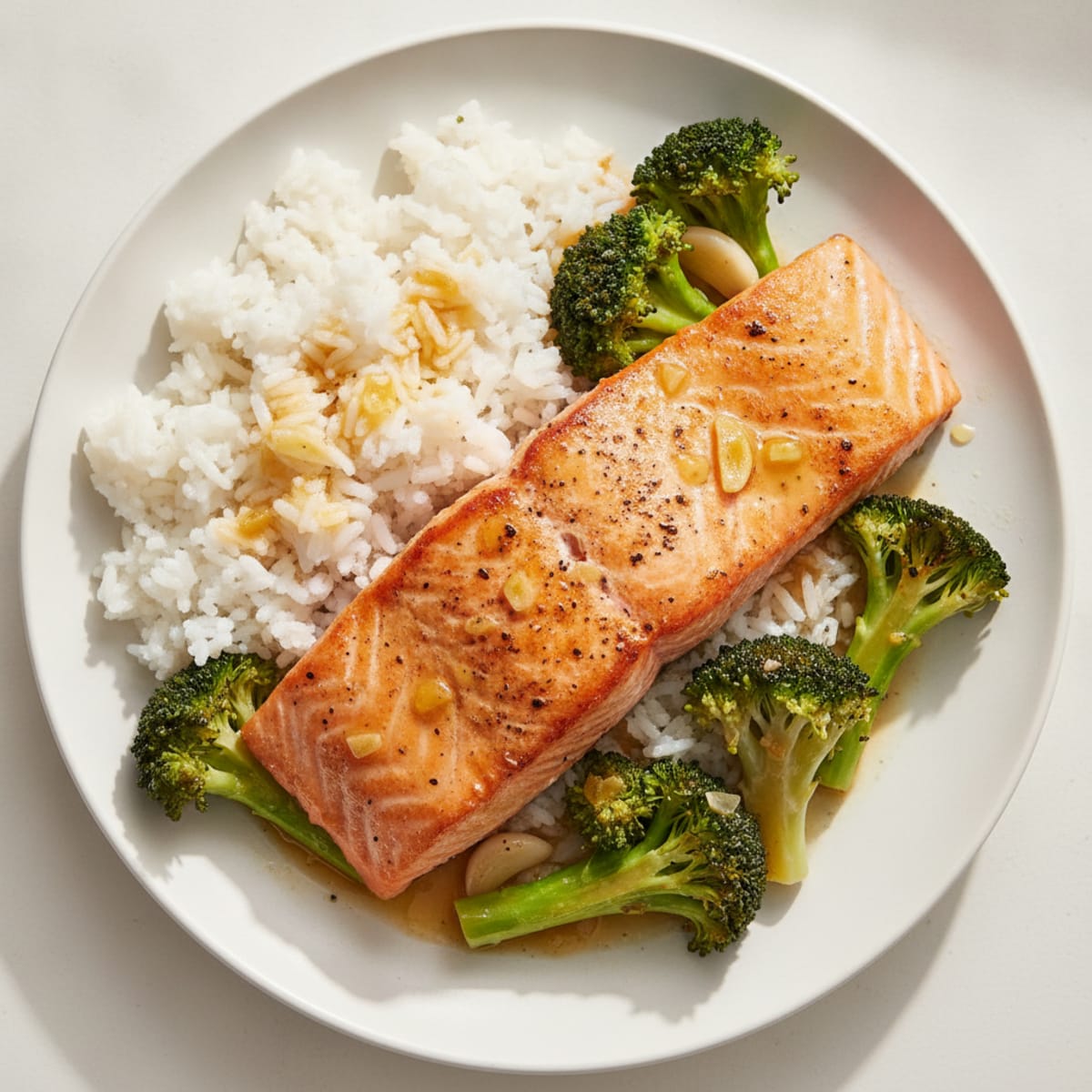 Seared Salmon with Steamed Rice and Citrus-Garlic Broccoli
