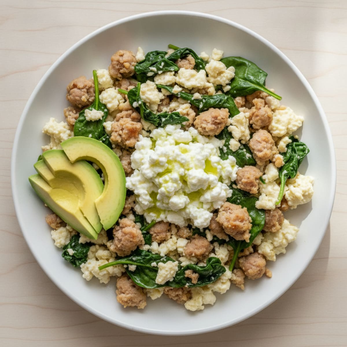 Egg White and Turkey Sausage Scramble with Cottage Cheese and Spinach