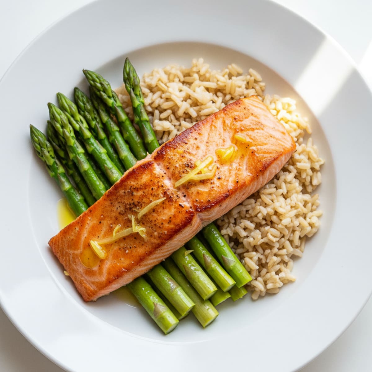 Seared Salmon Fillet with Steamed Asparagus and Brown Rice