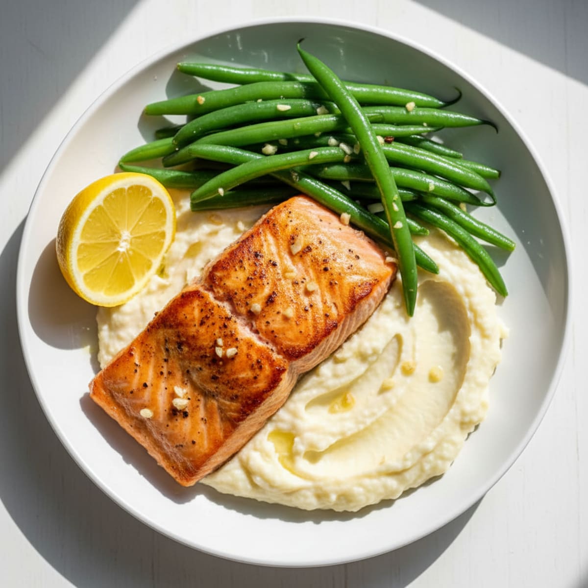 Seared Salmon with Steamed Green Beans and Cauliflower Mash