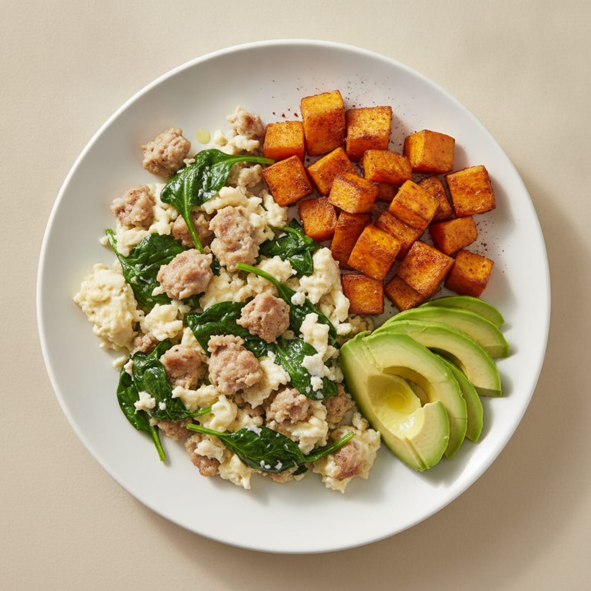 Egg White and Turkey Sausage Scramble with Spinach and Roasted Sweet Potatoes
