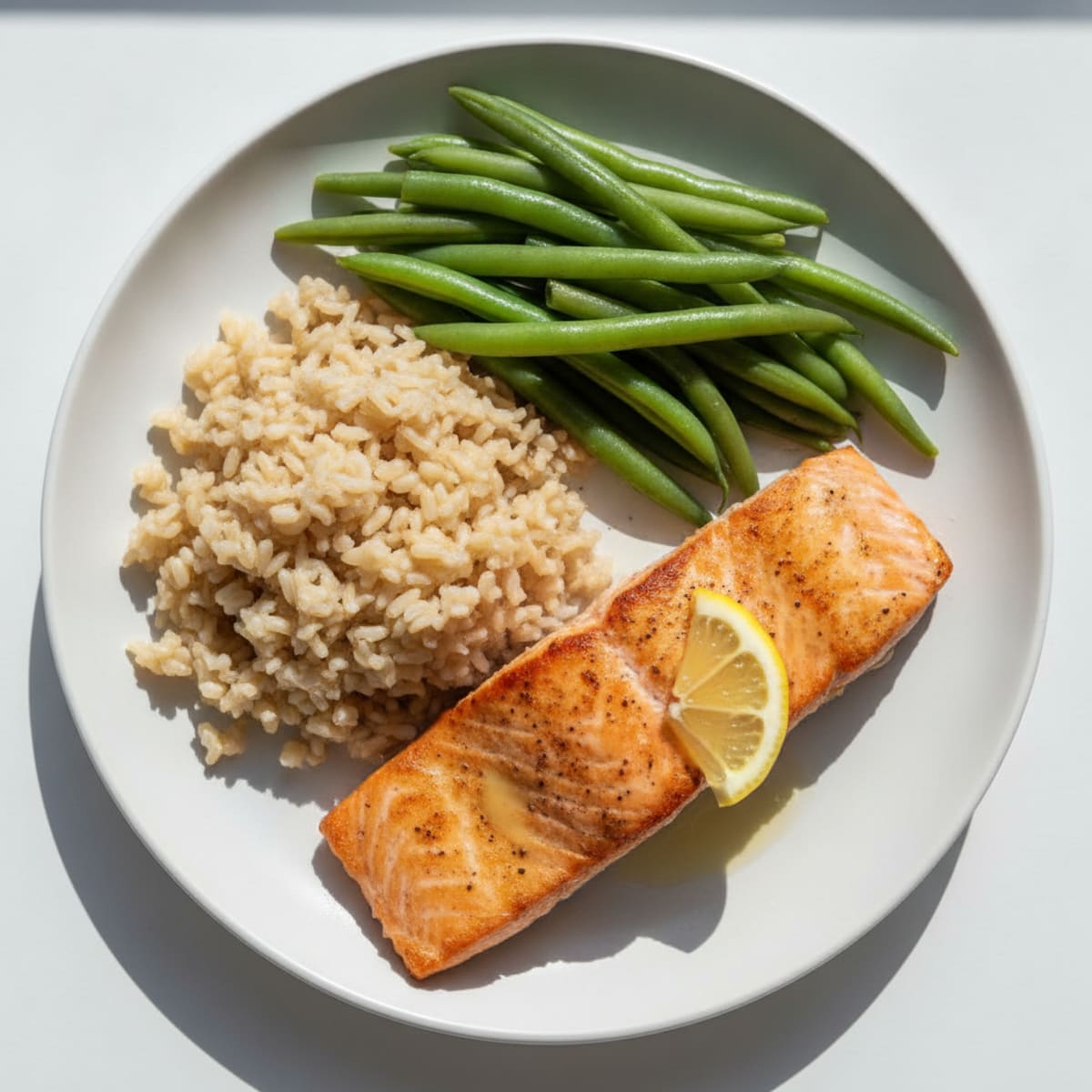 Seared Salmon with Steamed Green Beans and Brown Rice