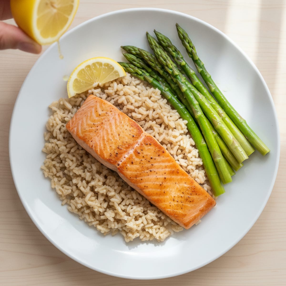 Pan-Seared Salmon with Steamed Asparagus and Brown Rice