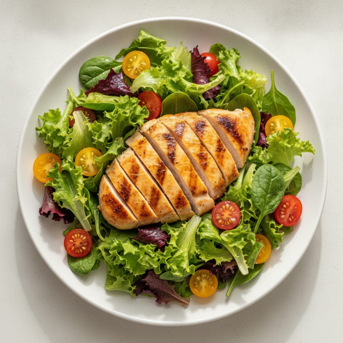 Grilled Chicken Breast Salad with Mixed Greens and Cherry Tomatoes