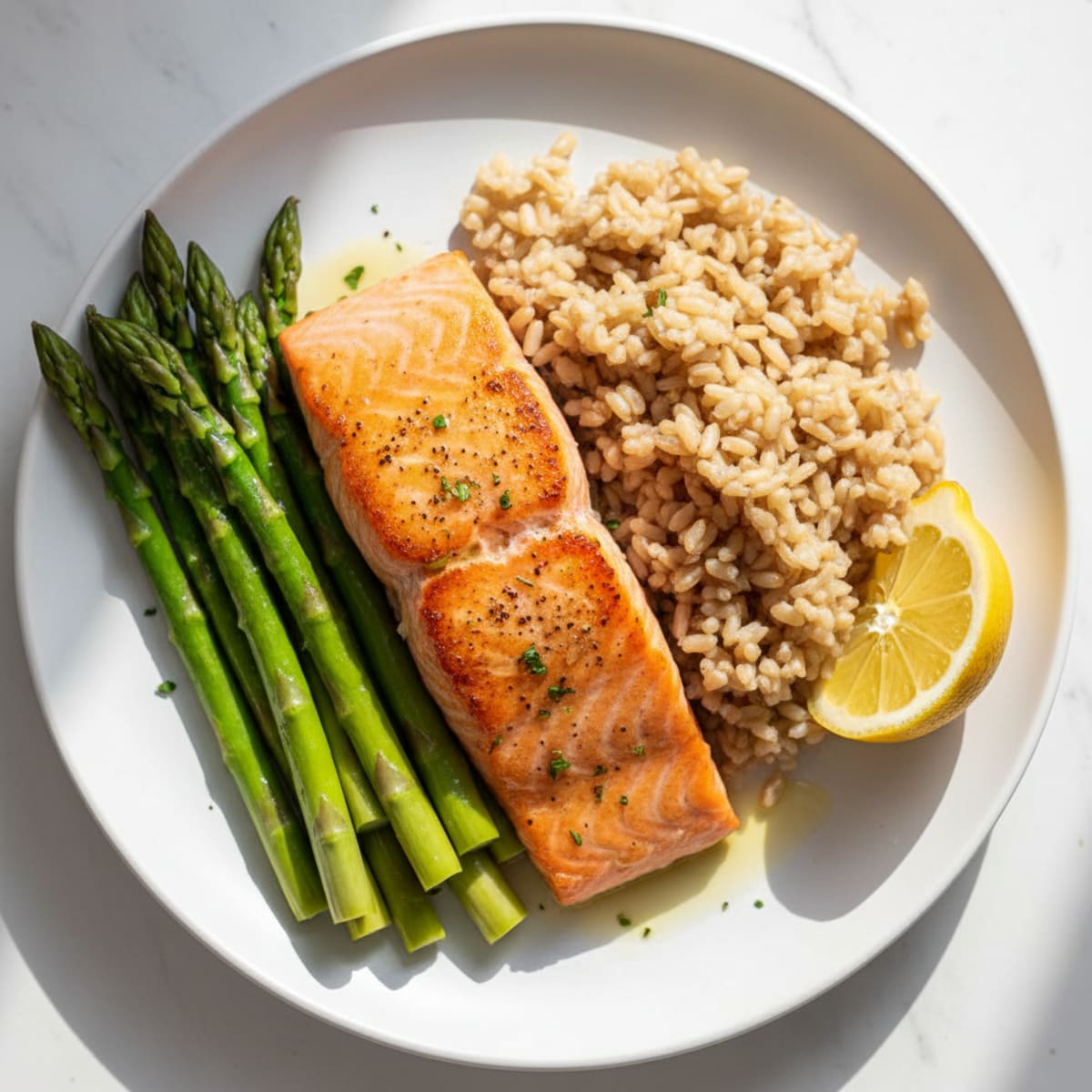Seared Salmon with Steamed Asparagus and Brown Rice