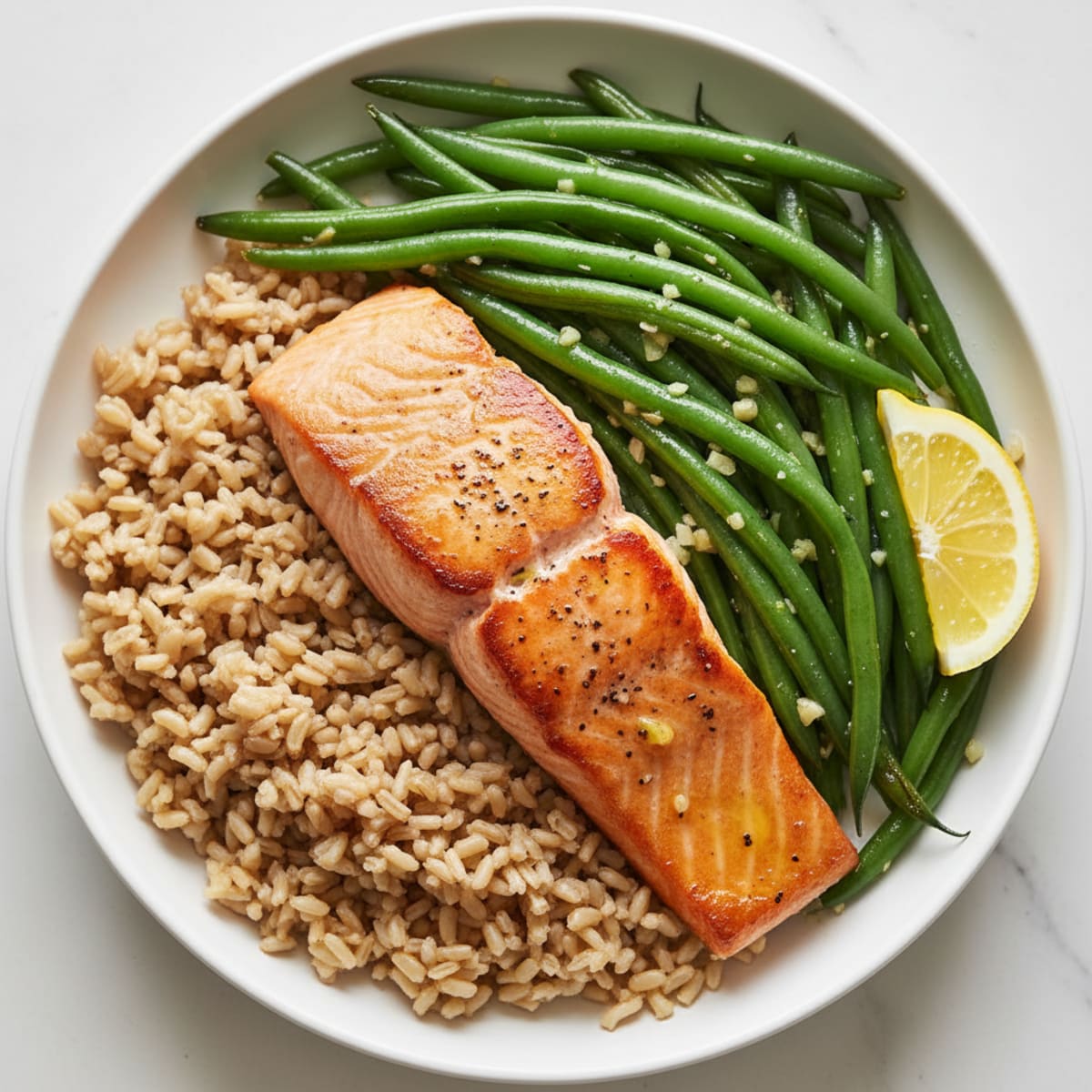 Seared Salmon with Garlic Green Beans and Brown Rice