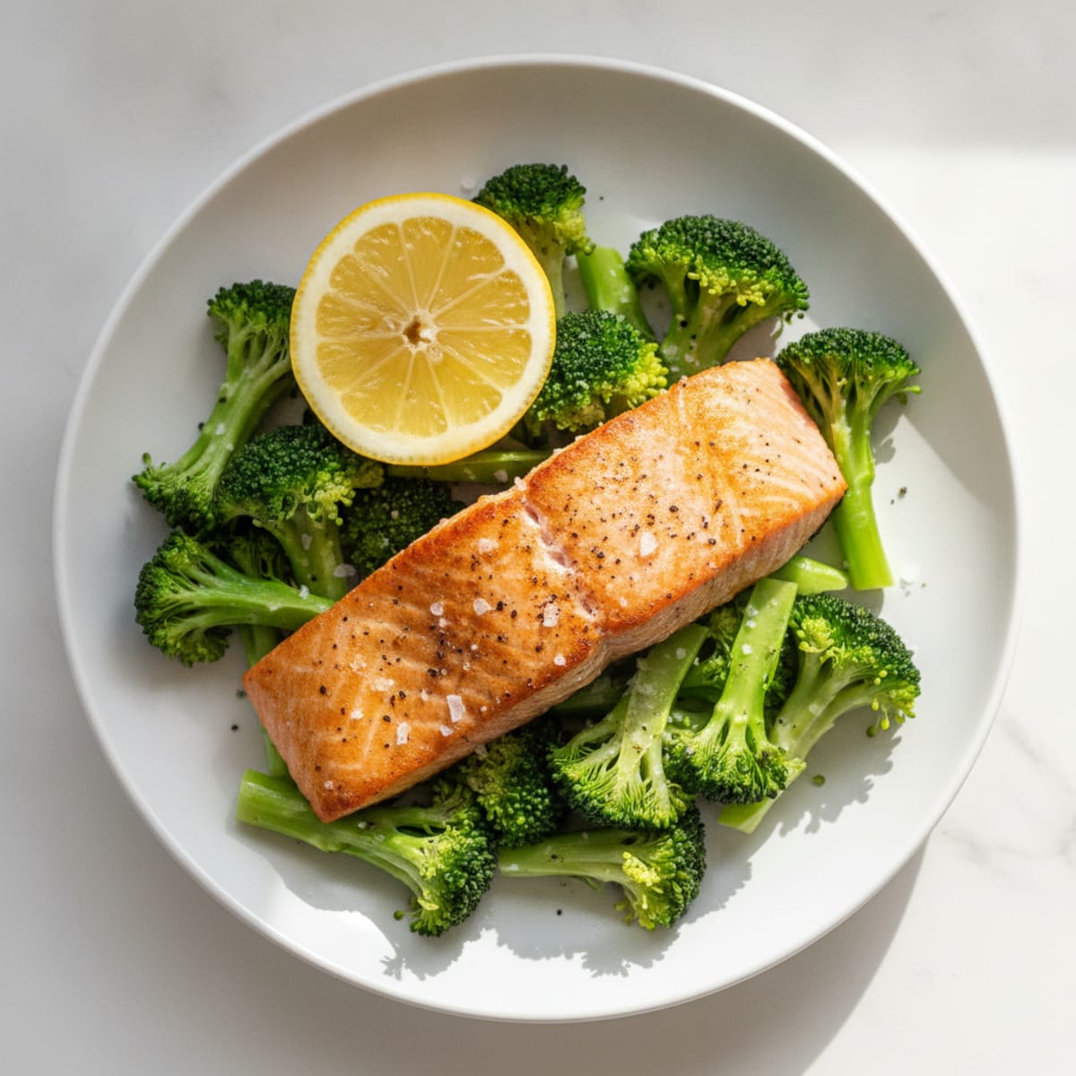 Seared Salmon with Steamed Broccoli and Lemon